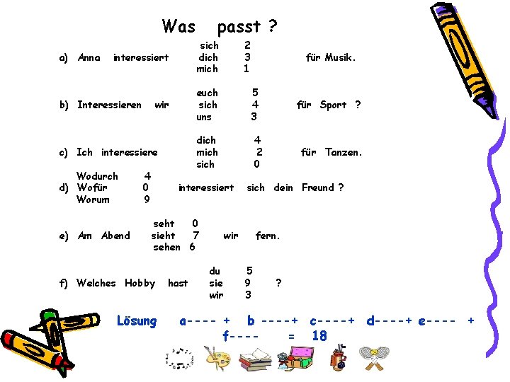 Was a) Anna sich dich mich interessiert b) Interessieren wir e) Am Abend 4