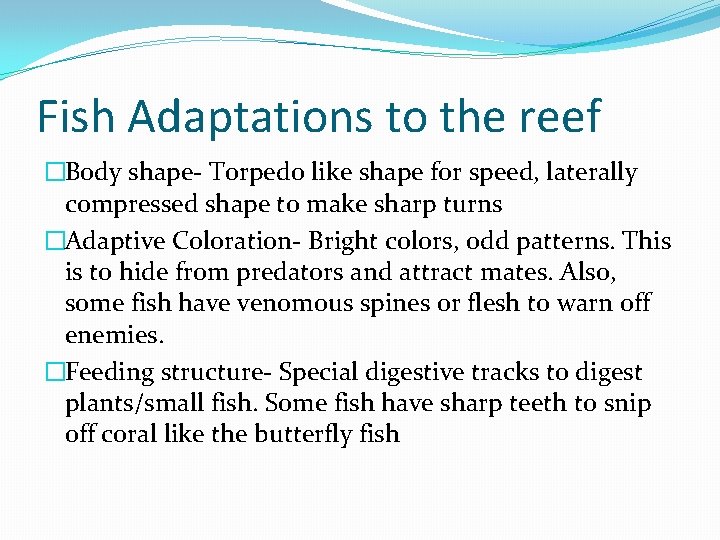 Fish Adaptations to the reef �Body shape- Torpedo like shape for speed, laterally compressed