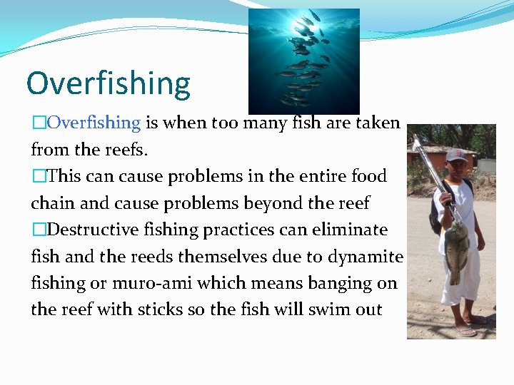 Overfishing �Overfishing is when too many fish are taken from the reefs. �This can