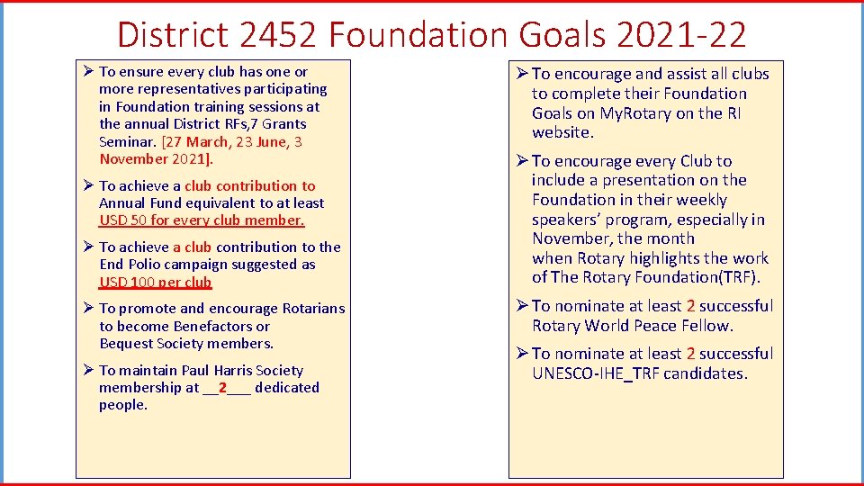 District 2452 Foundation Goals 2021 -22 Ø To ensure every club has one or
