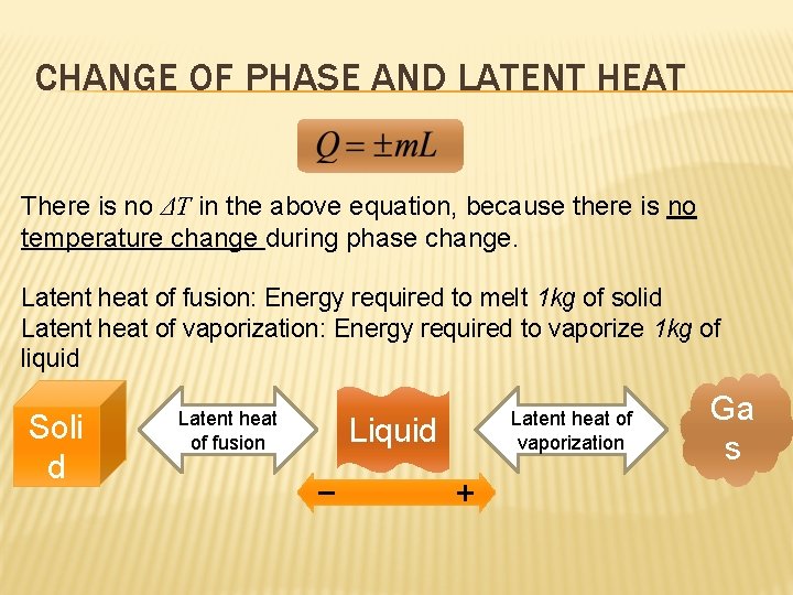 CHANGE OF PHASE AND LATENT HEAT There is no ΔT in the above equation,