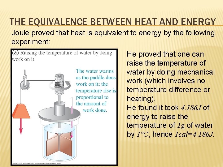 THE EQUIVALENCE BETWEEN HEAT AND ENERGY Joule proved that heat is equivalent to energy