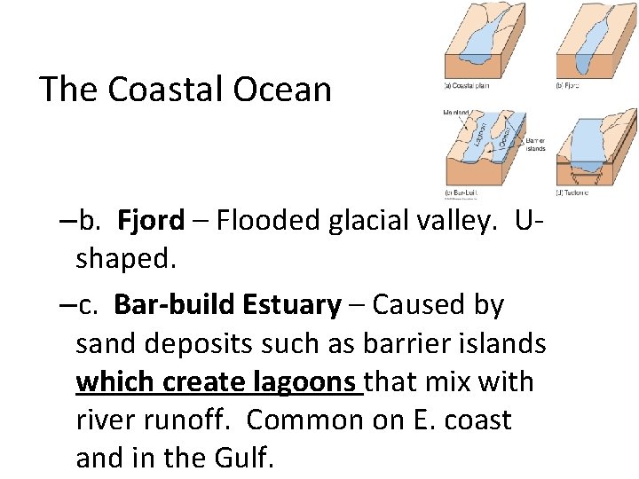 The Coastal Ocean –b. Fjord – Flooded glacial valley. Ushaped. –c. Bar-build Estuary –