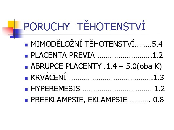 PORUCHY TĚHOTENSTVÍ n n n MIMODĚLOŽNÍ TĚHOTENSTVÍ……. . 5. 4 PLACENTA PREVIA …………. .