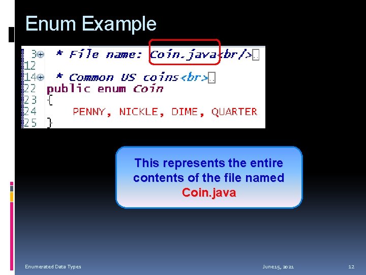 Enum Example This represents the entire contents of the file named Coin. java Enumerated