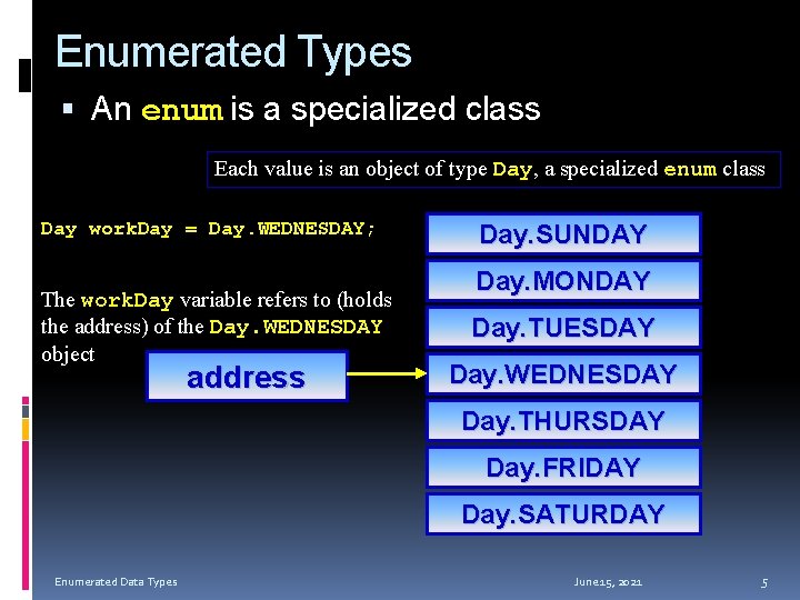 Enumerated Types An enum is a specialized class Each value is an object of