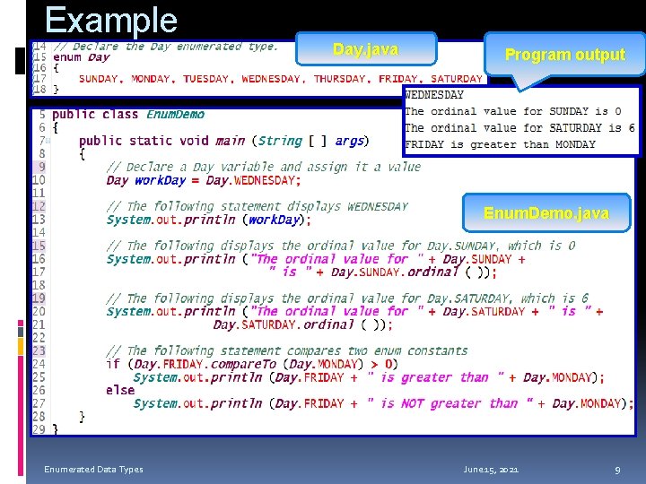 Example Day. java Program output Enum. Demo. java Enumerated Data Types June 15, 2021