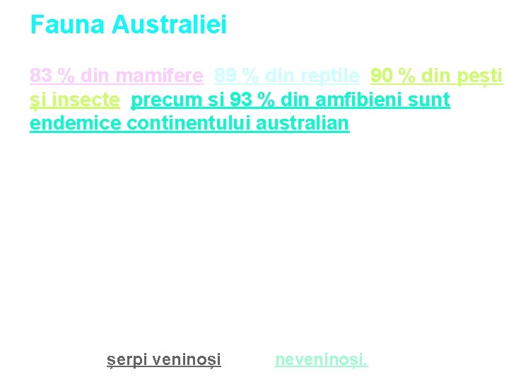 Fauna Australiei Australia este un continent cu o faună deosebită: 83 % din mamifere,