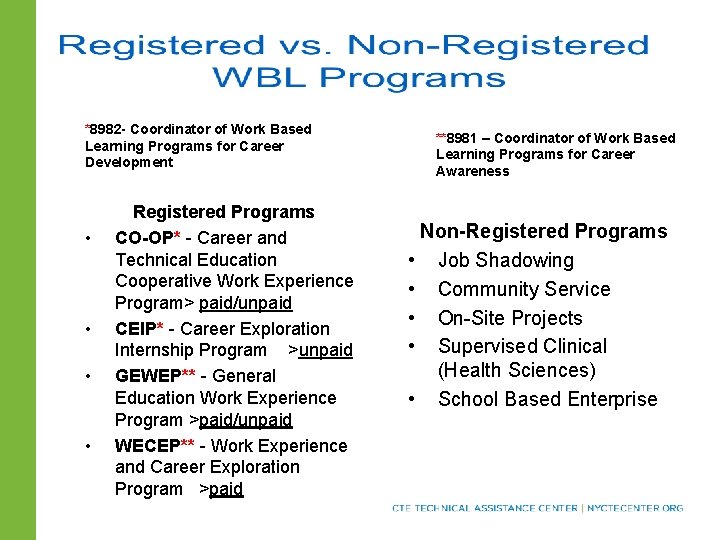 *8982 - Coordinator of Work Based Learning Programs for Career Development • • Registered