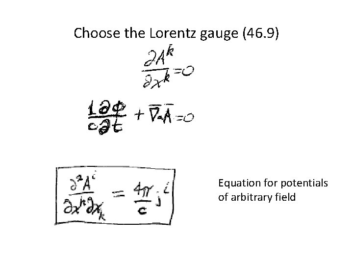 Choose the Lorentz gauge (46. 9) Equation for potentials of arbitrary field 