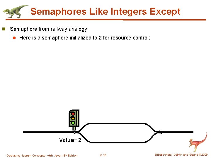 Semaphores Like Integers Except n Semaphore from railway analogy l Here is a semaphore