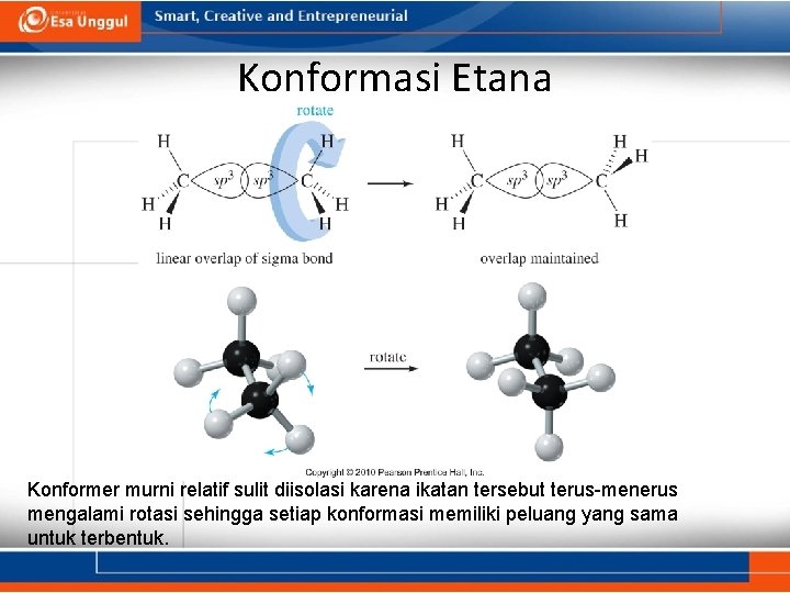 Konformasi Etana Konformer murni relatif sulit diisolasi karena ikatan tersebut terus-menerus mengalami rotasi sehingga