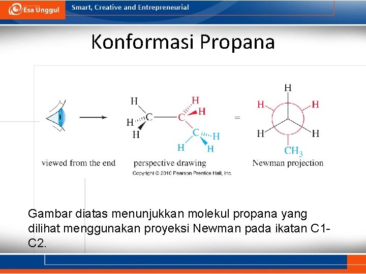 Konformasi Propana Gambar diatas menunjukkan molekul propana yang dilihat menggunakan proyeksi Newman pada ikatan