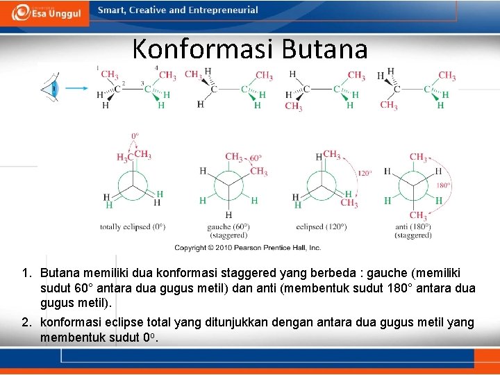 Konformasi Butana 1. Butana memiliki dua konformasi staggered yang berbeda : gauche (memiliki sudut