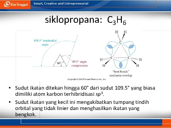 siklopropana: C 3 H 6 • Sudut ikatan ditekan hingga 60° dari sudut 109.