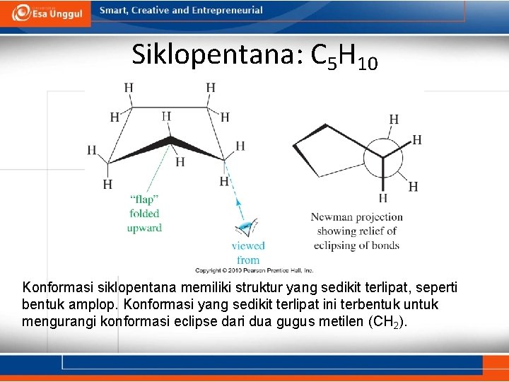 Siklopentana: C 5 H 10 Konformasi siklopentana memiliki struktur yang sedikit terlipat, seperti bentuk