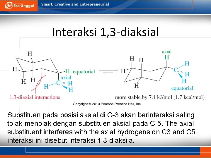 Interaksi 1, 3 -diaksial Substituen pada posisi aksial di C-3 akan berinteraksi saling tolak-menolak