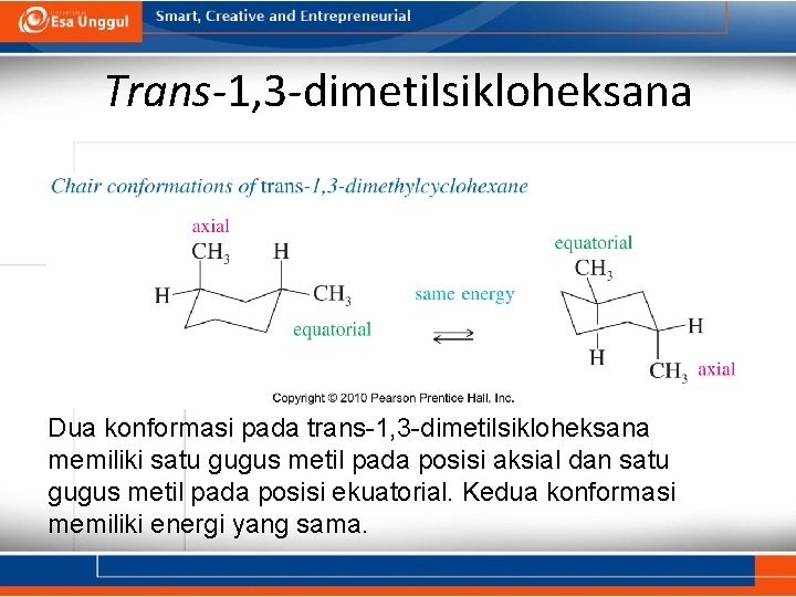 Trans-1, 3 -dimetilsikloheksana Dua konformasi pada trans-1, 3 -dimetilsikloheksana memiliki satu gugus metil pada