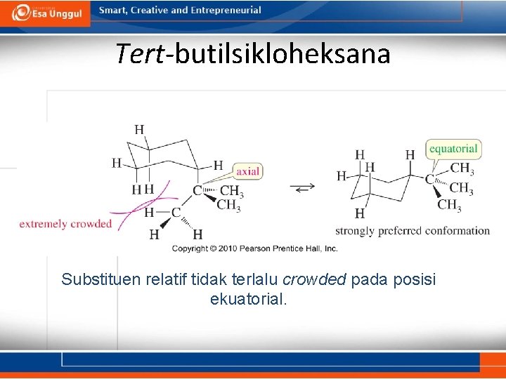 Tert-butilsikloheksana Substituen relatif tidak terlalu crowded pada posisi ekuatorial. 