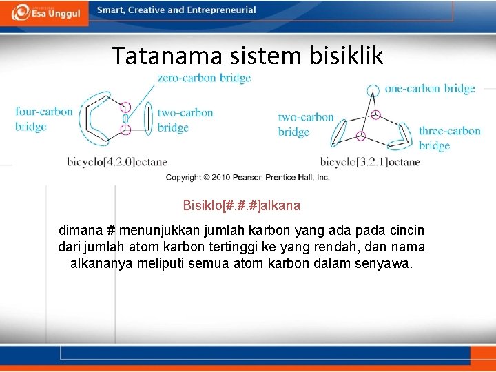 Tatanama sistem bisiklik Bisiklo[#. #. #]alkana dimana # menunjukkan jumlah karbon yang ada pada