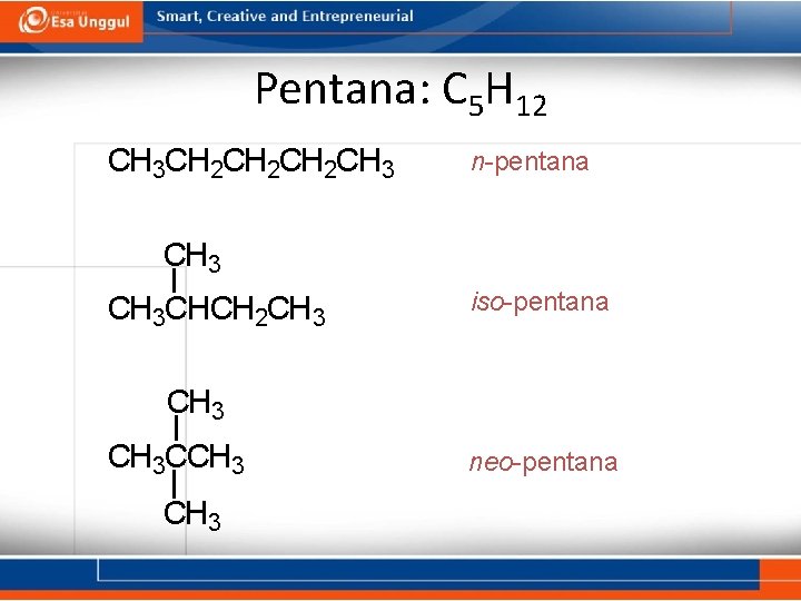 Pentana: C 5 H 12 CH 3 CH 2 CH 2 CH 3 n-pentana