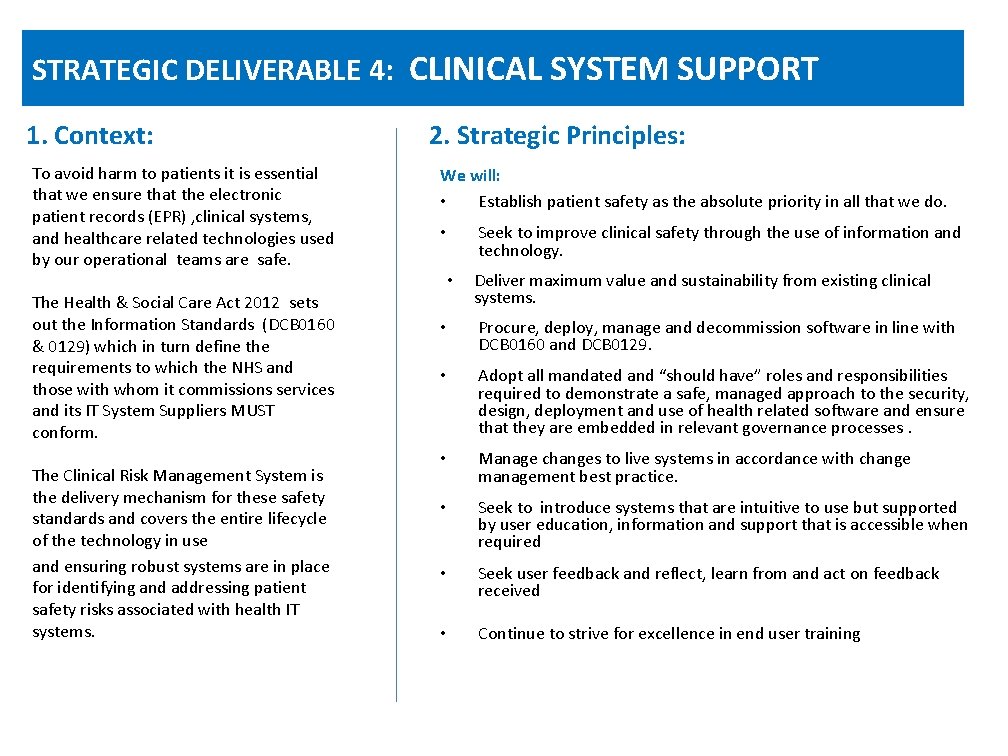 STRATEGIC DELIVERABLE 4: CLINICAL SYSTEM SUPPORT 1. Context: To avoid harm to patients it