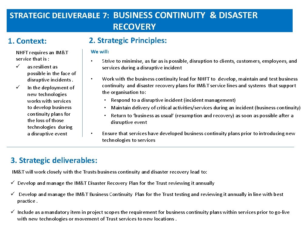 STRATEGIC DELIVERABLE 7: BUSINESS CONTINUITY & DISASTER RECOVERY 1. Context: NHFT requires an IM&T