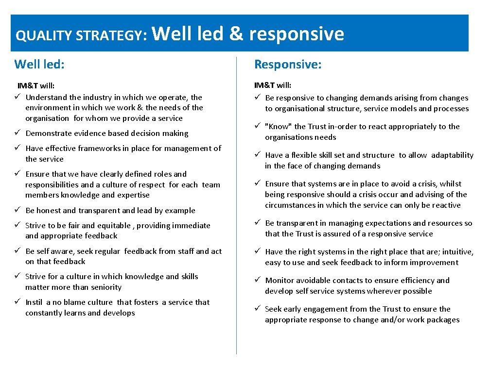 QUALITY STRATEGY: Well led & responsive Well led: Responsive: IM&T will: ü Understand the