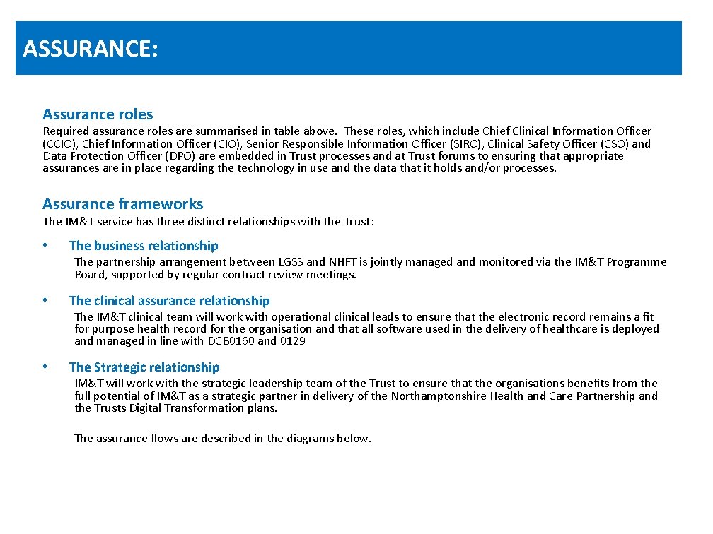 ASSURANCE: Assurance roles Required assurance roles are summarised in table above. These roles, which