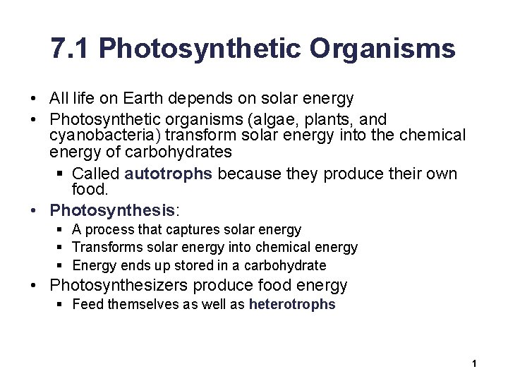 7. 1 Photosynthetic Organisms • All life on Earth depends on solar energy •