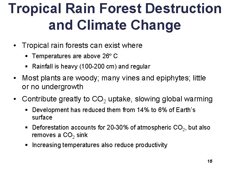 Tropical Rain Forest Destruction and Climate Change • Tropical rain forests can exist where