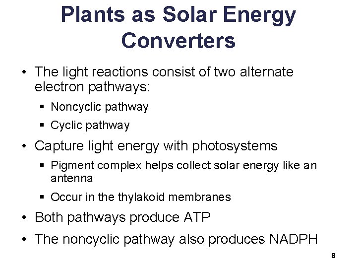 Plants as Solar Energy Converters • The light reactions consist of two alternate electron
