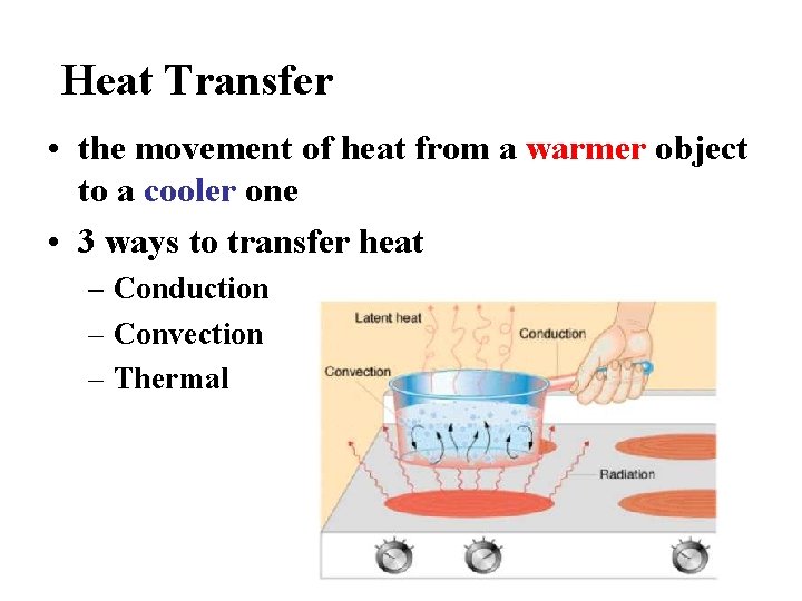 Heat Transfer • the movement of heat from a warmer object to a cooler