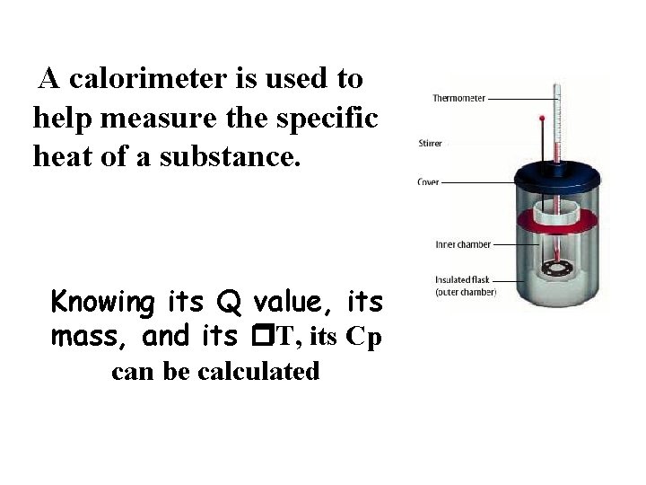 A calorimeter is used to help measure the specific heat of a substance. Knowing