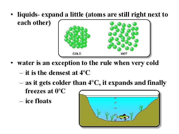  • liquids- expand a little (atoms are still right next to each other)