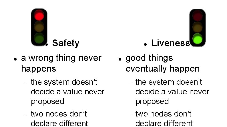  Safety a wrong thing never happens Liveness good things eventually happen the system