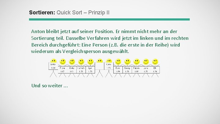 Sortieren: Quick Sort – Prinzip II Anton bleibt jetzt auf seiner Position. Er nimmt