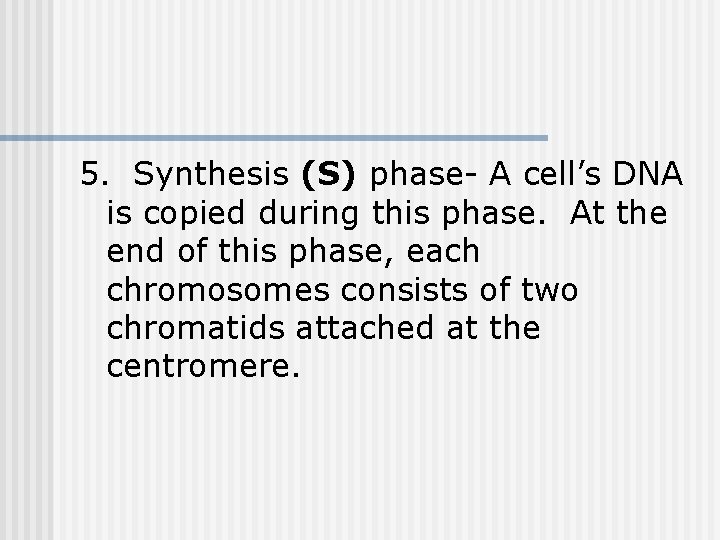 5. Synthesis (S) phase- A cell’s DNA is copied during this phase. At the 5. Synthesis (S) phase- A cell’s DNA is copied during this phase. At the