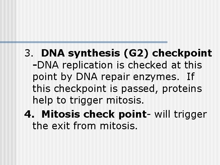 3. DNA synthesis (G 2) checkpoint -DNA replication is checked at this point by 3. DNA synthesis (G 2) checkpoint -DNA replication is checked at this point by