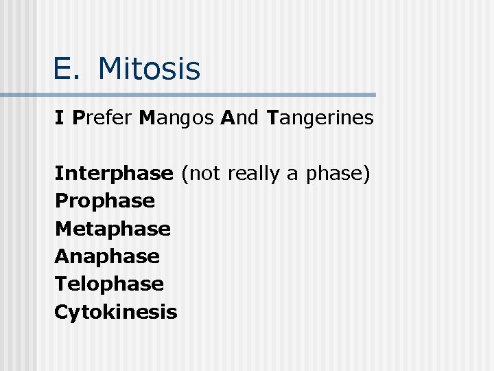 E. Mitosis I Prefer Mangos And Tangerines Interphase (not really a phase) Prophase Metaphase E. Mitosis I Prefer Mangos And Tangerines Interphase (not really a phase) Prophase Metaphase