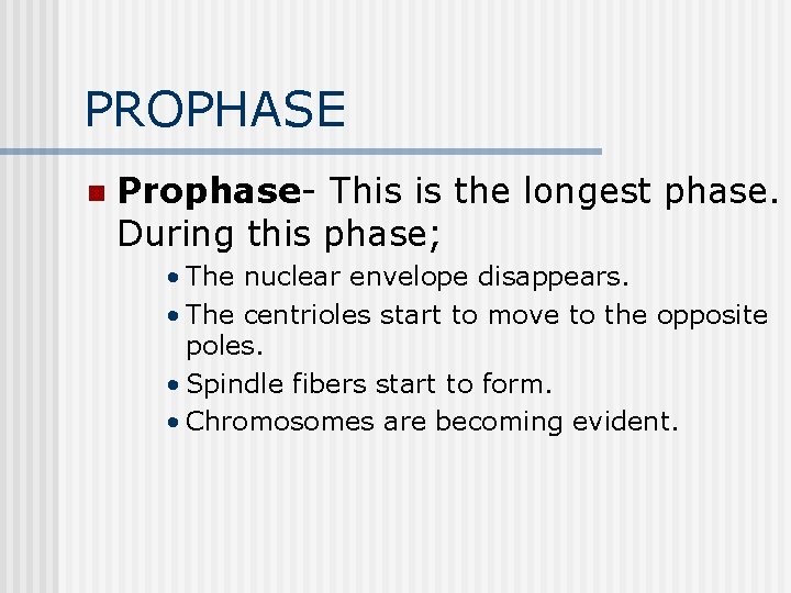 PROPHASE n Prophase- This is the longest phase. During this phase; • The nuclear PROPHASE n Prophase- This is the longest phase. During this phase; • The nuclear
