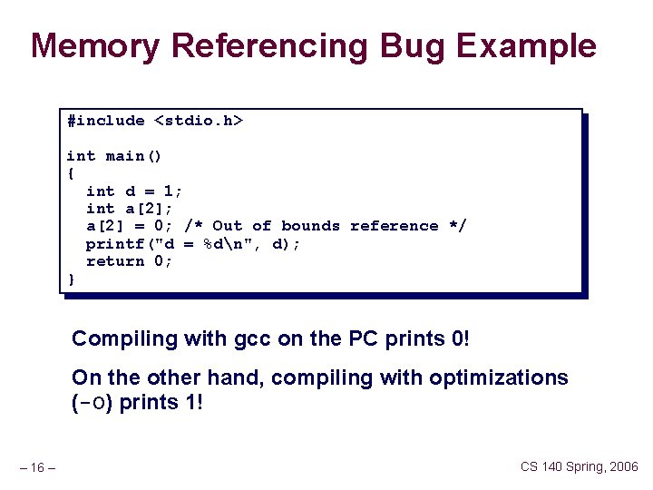 Memory Referencing Bug Example #include <stdio. h> int main() { int d = 1;