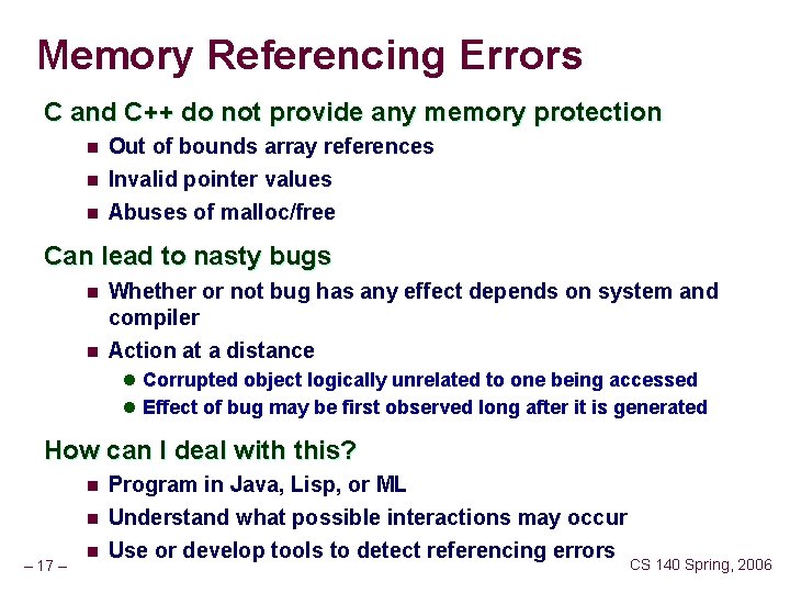 Memory Referencing Errors C and C++ do not provide any memory protection n Out