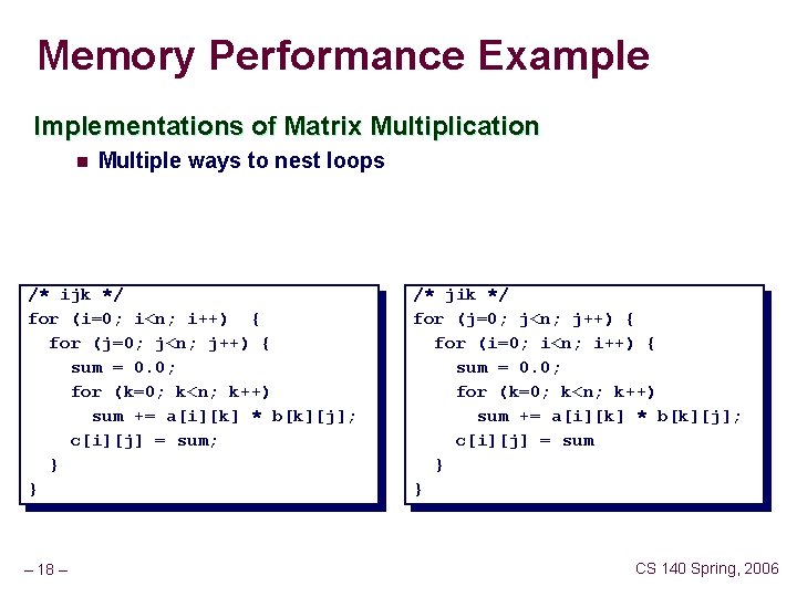 Memory Performance Example Implementations of Matrix Multiplication n Multiple ways to nest loops /*