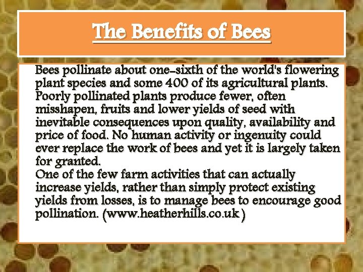 The Benefits of Bees pollinate about one-sixth of the world's flowering plant species and