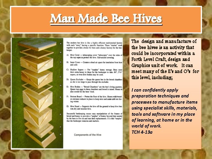 Man Made Bee Hives The design and manufacture of the bee hives is an