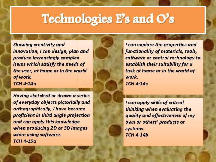 Technologies E’s and O’s Showing creativity and innovation, I can design, plan and produce
