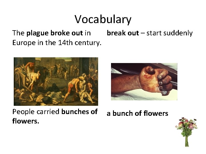 Vocabulary The plague broke out in break out – start suddenly Europe in the