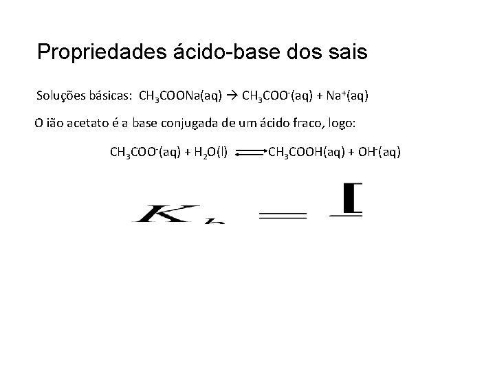 Propriedades ácido-base dos sais Soluções básicas: CH 3 COONa(aq) CH 3 COO-(aq) + Na+(aq)