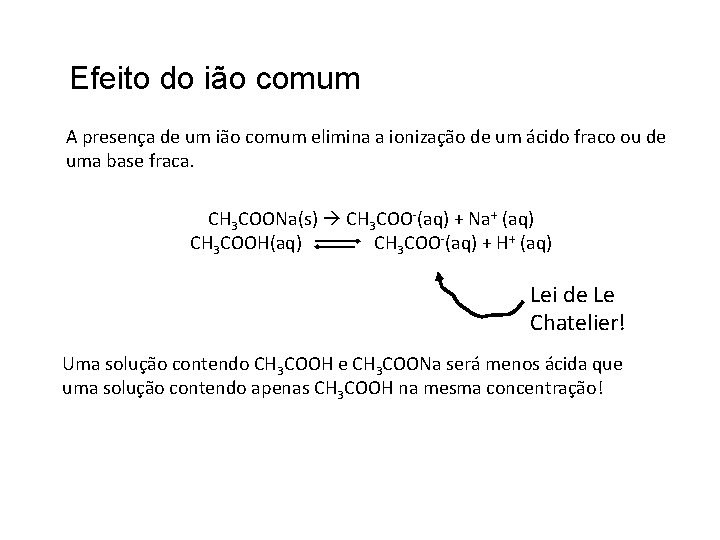Efeito do ião comum A presença de um ião comum elimina a ionização de
